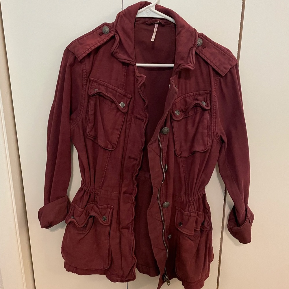 Maroon green people bomber jacket